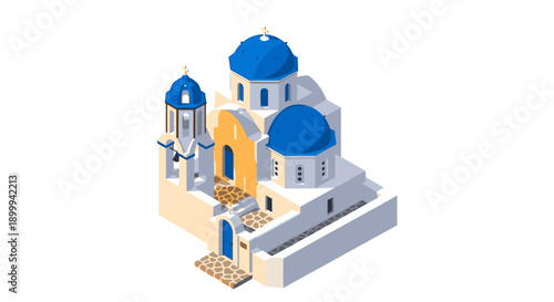 Isometric greek church with blue domes in white architecture