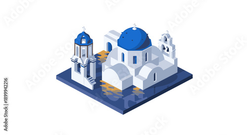 Isometric greek island architecture with blue domes and white walls