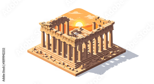 Isometric ancient greek temple at sunset with dramatic sky and shadows