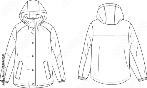 Technical drawing of hooded jacket, apparel illustration, fashion sketch, coat front and back view, garment design, outerwear concept, clothing layout