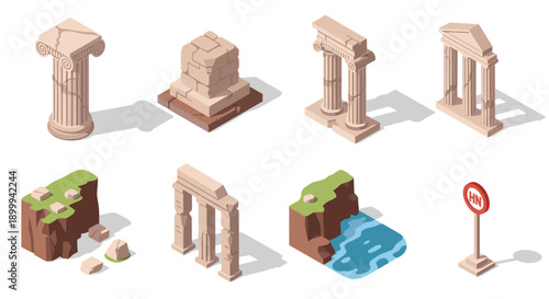 Isometric ancient ruins and natural landscapes set with columns and rocky terrain