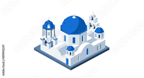 Isometric greek church with blue domes on white background