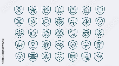 Security and Protection Line Icons Set in Shield Shapes