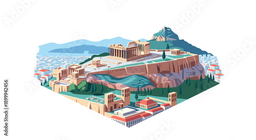 Ancient greek cityscape in isometric style featuring acropolis and surrounding architecture
