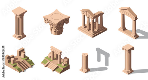 Isometric ancient greek columns and ruins set on white background