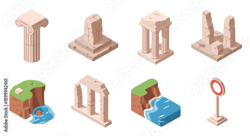 Isometric ancient ruins and natural landscapes set with classic column and waterfall