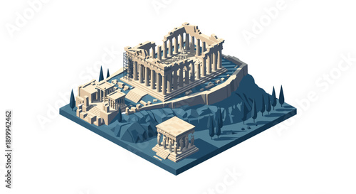 Ancient greek temple isometric art with columns and ruins on a hilltop