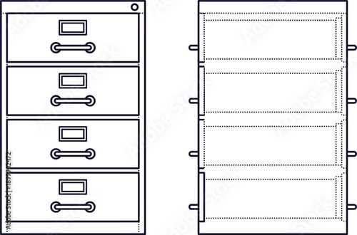 Office filing cabinet outline illustration showing front and side views with drawers modern storage furniture vector technical line art isolated design