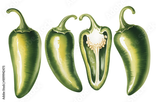 Hot green chili vegetables with seeds in gentle watercolor tones.