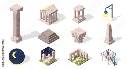 Isometric ancient architecture set featuring columns, temples, and monuments with night sky scene