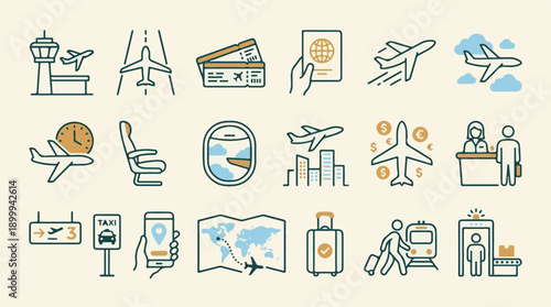 Air Travel and Airport Line Icons Set: Vacation, Tourism, Logistics