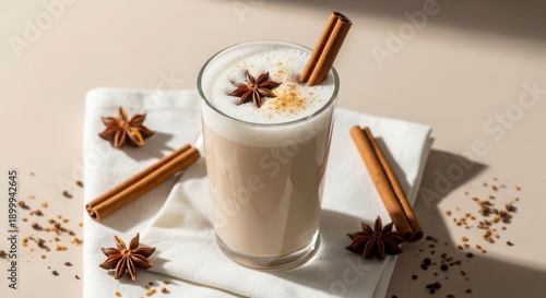 A glass of creamy beige beverage garnished with star anise and cinnamon sticks on a white napkin with scattered spices on a beige surface