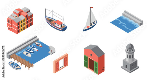 Coastal architecture and marine elements in isometric design