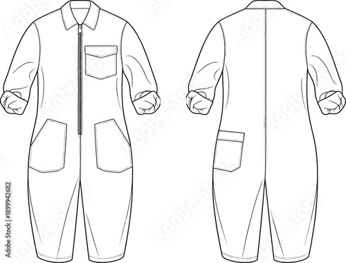 Technical fashion cad drawing of zip-up long sleeve coverall with collar, chest pocket, patch pockets, front and back view vector