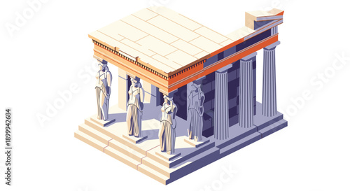 Isometric parthenon with caryatids and columns in ancient greek architecture