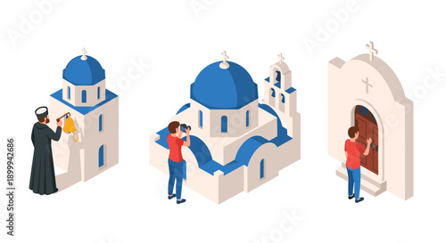 Isometric greek church architecture with tourists and clergyman