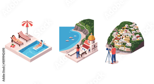 Isometric beach resort and coastal town scenes with sunbathing and photography
