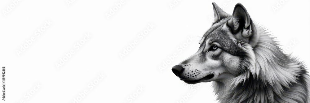 Fototapeta Monochromatic study of wolf's head, showcasing intricate fur detail , wolf, grey