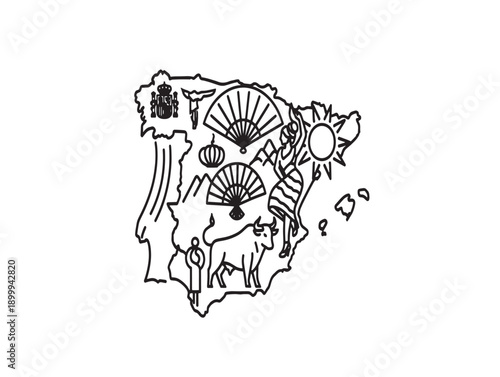 Minimalist hand-drawn map of spain with cultural icons