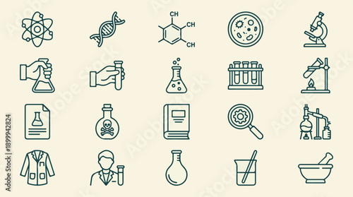 Science and laboratory research equipment thin line icons collection