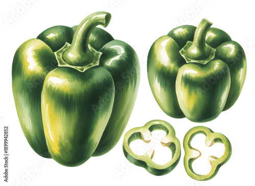Rustic watercolor green capsicum with natural glossy texture.