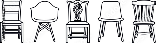 Set of five vintage and modern chair outline icons, minimal furniture line art collection isolated on white background vector illustration design interior