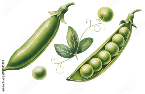 Hand Painted Watercolor Green Peas Pods with Leaves and Tendrils Isolated on White Background