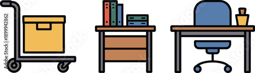 Flat office furniture icons set featuring trolley box, storage cabinet with books, and modern work desk illustration for workspace organization concept