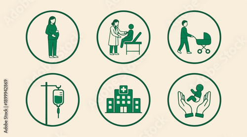 Healthcare and Family Care Icons: Pregnancy, Doctor, Baby, Hospital, IV