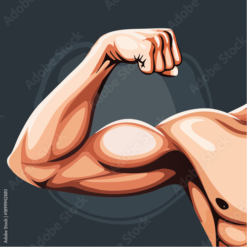 Pixelated close up of a muscular male arm flexing showing powerful biceps and triceps against a dark grey textured background with subtle circular silhouette lighting highlighting definition and