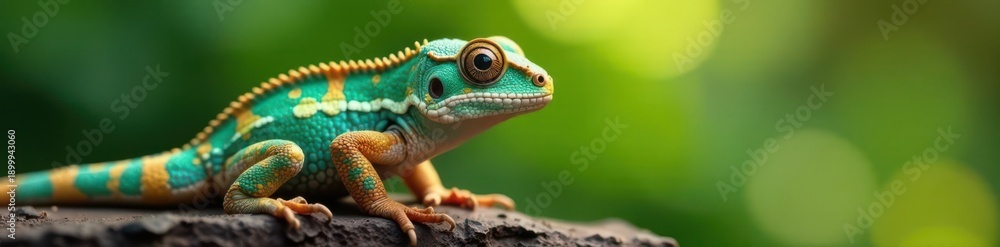 Fototapeta premium Perfectly camouflaged chameleon, blurred foliage backdrop, reptile photography, skin, leaf