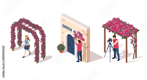 Isometric mediterranean street scene with tourists and floral archways