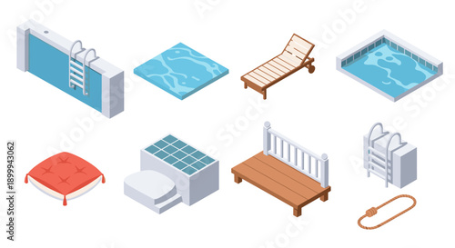Isometric swimming pool elements set with ladder, lounger, and deck