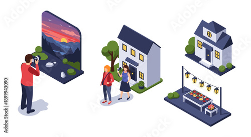 Isometric outdoor activities and home settings on a sunny day