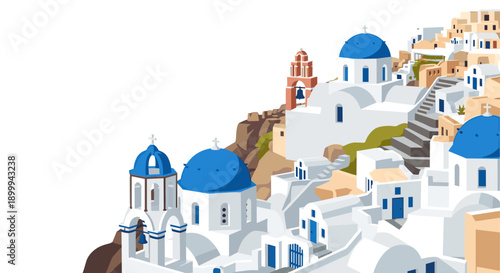 Charming greek island architecture with white buildings and blue domes in flat design