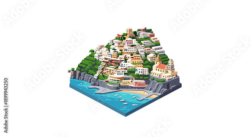 Isometric coastal town with vibrant houses and scenic waterfront