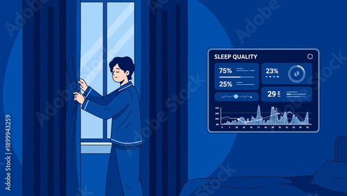 Man in pajamas opening curtains for better sleep quality.