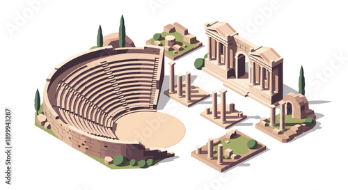 Isometric ancient roman architecture with amphitheater and ruins