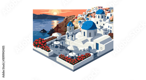 Mediterranean sunset scene with traditional architecture and sea view