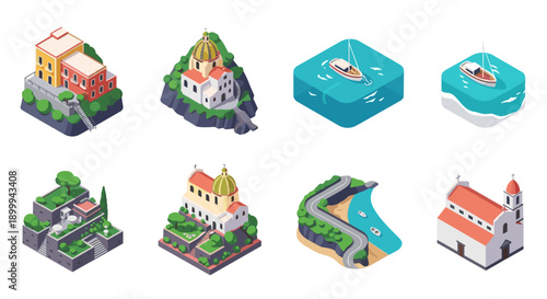 Charming coastal retreats and idyllic island architecture in isometric design