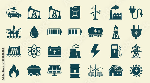 Energy and Power Icons Set - Industrial Resources and Renewable Technology