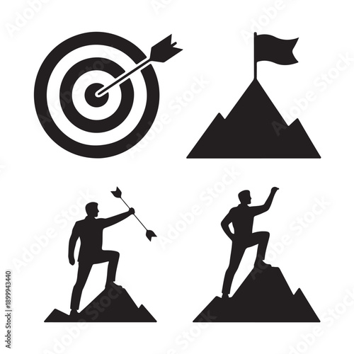 Set of four black silhouette icons illustrating goals achievement archery target mountain peak and triumphant climber success