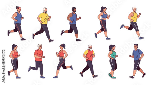 Diverse group of people running together in various attire and styles from a side view