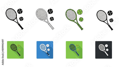 Collection of tennis rackets and balls in various styles displayed together