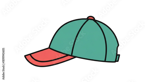 Illustration of a green baseball cap with a red brim on a white background from a side view
