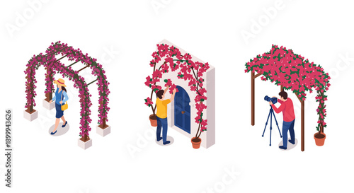 Isometric garden themes: archways and florals in outdoor photography scenes