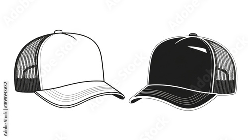 Illustration of black and white baseball caps facing each other on a plain background