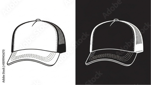 Line art illustrations of baseball caps on contrasting backgrounds from a straightforward viewpoint