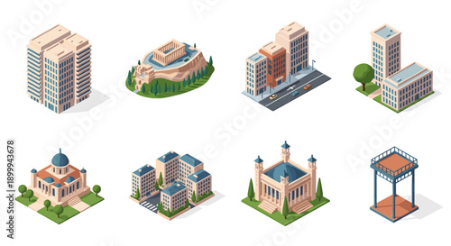 Isometric buildings and landmarks collection with modern and classical architecture