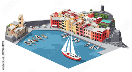 Colorful coastal town with boats and historic buildings in isometric style
